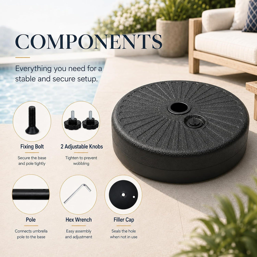 20" 50 lbs Fillable Heavy Duty Umbrella Base, Stable Outdoor Stand, Durable Holder and Poolside Parasols, Black