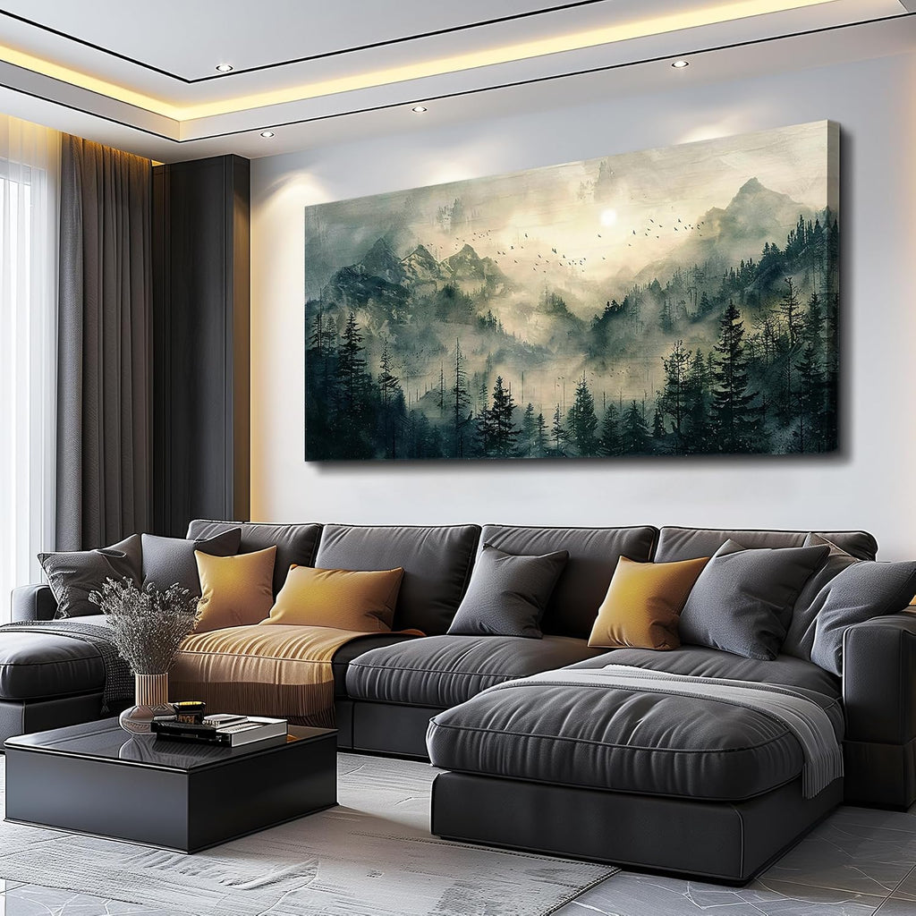Large Framed Wall Decor Canvas Wall Art Farmhouse Wall Decorations Forest Fog Landscape Paintings Modern Pictures