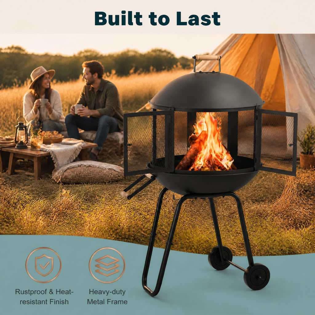 28" Outdoor Fire Pit with Lockable Doors, Fire Poker & Wheels