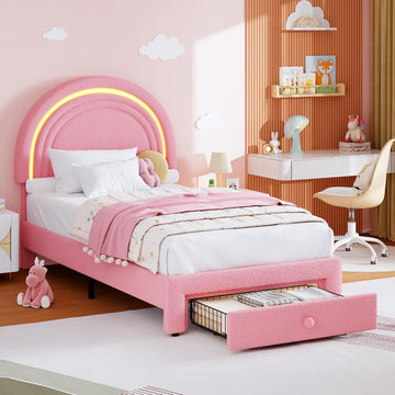 Twin Upholstered LED Bed Frame - with Storage Drawer and Rainbow Headboard, Berber Fleece Princess Platform Bed for