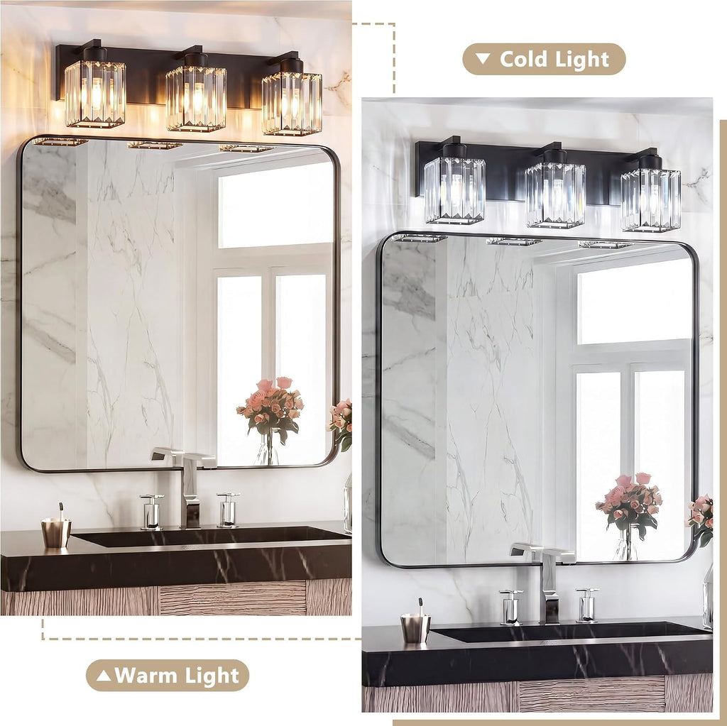 Modern Bathroom Vanity Light, 3-Light K9 Crystal Bathroom Lighting Fixtures Over Mirror, Black Vanity Light with
