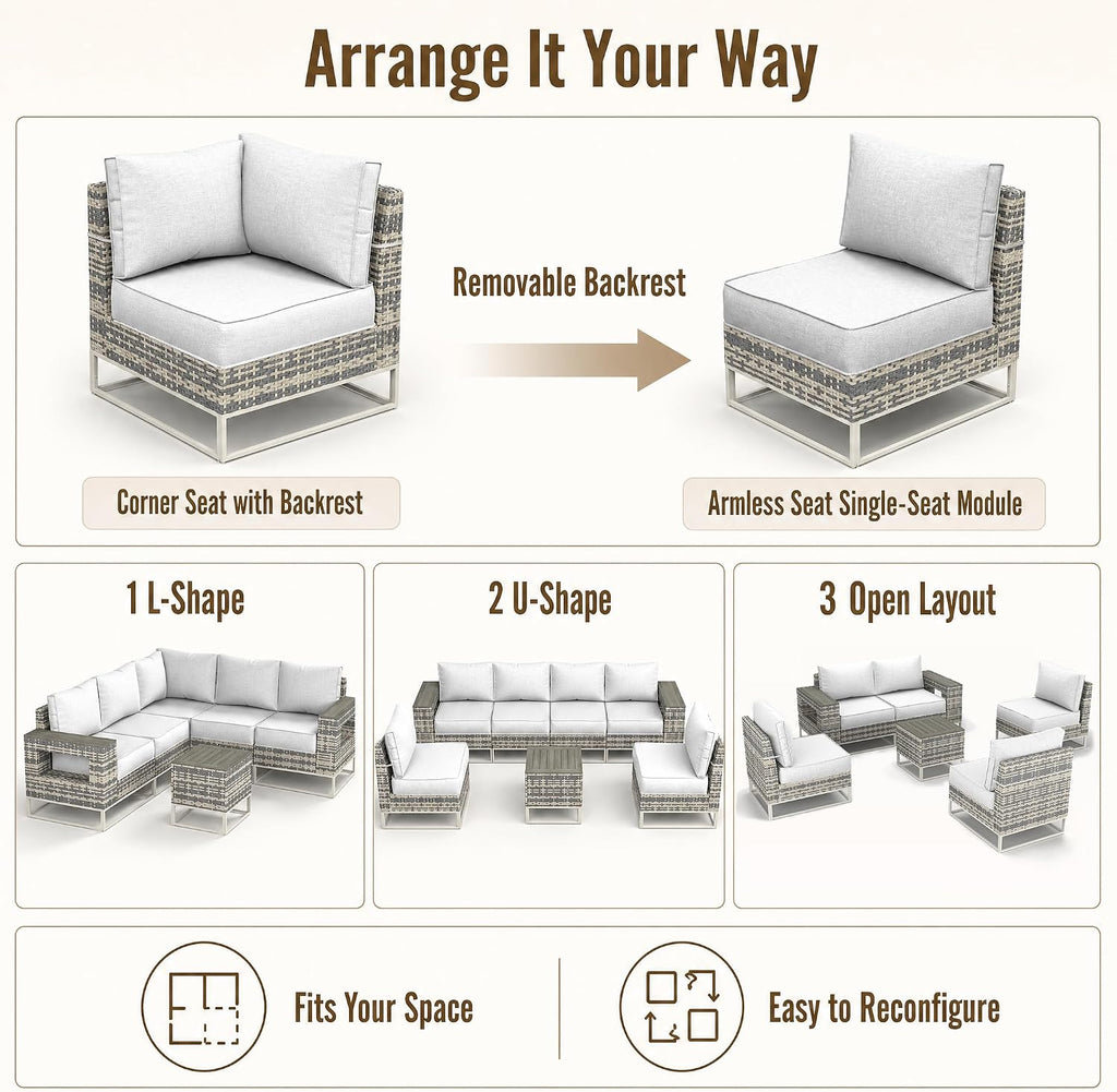 Outdoor Patio Furniture Set, PE Wicker Sectional Sofa with Thick Cushions | 6-Piece: Modular Sectional Sofa with