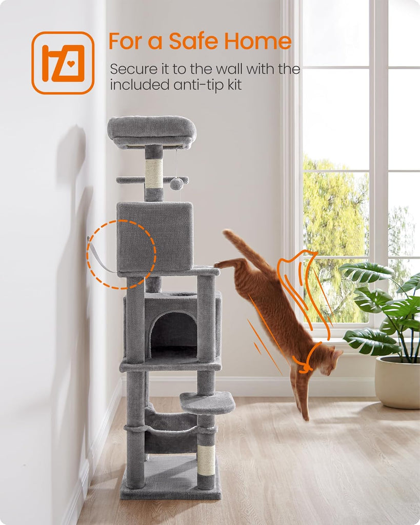 Cat Tree, 59.5-Inch Tall Cat Tower, Plush Multi-Level Condo with 5 Scratching Posts, 2 Perches, 2 Caves, Hammock