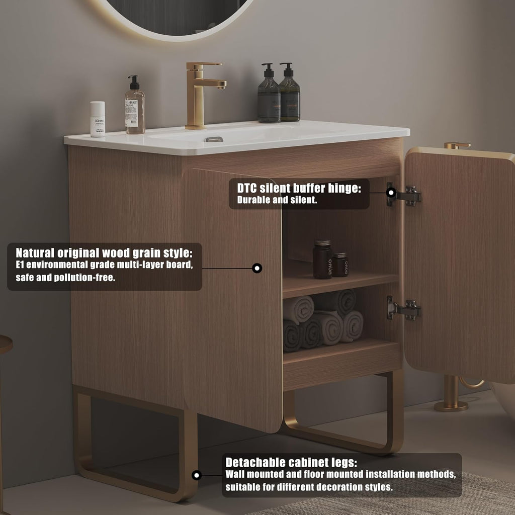 30" Freestanding Bathroom Vanity with Overflow Sink One Piece Basin