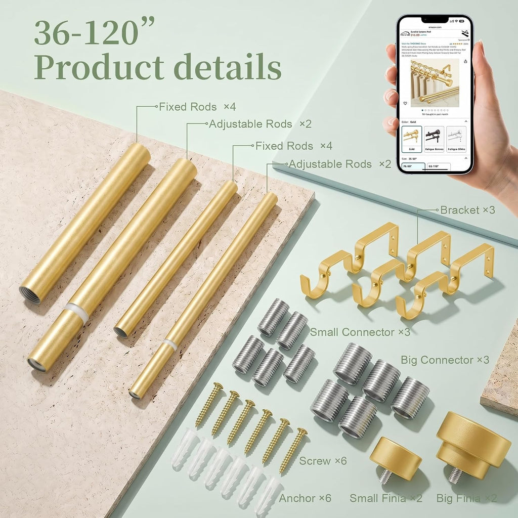 Gold Double Curtain Rods for windows:Adjustable Heavy Duty Double Curtain Rod for Bedroom Living Room,1