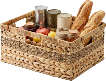 Jumbo Rectangular Wicker Basket, Water Hyacinth and Seagrass Storage Basket with Built-in Handles, 1 Pack | Woven