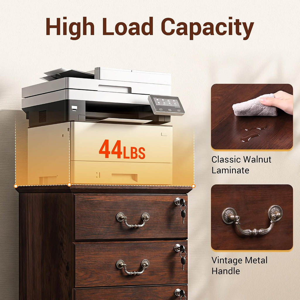 3 Drawer File Cabinet with Lock, Wood Filing Cabinet, Brown Oak | Mobile Wood File Cabinet for Under Desk Storage