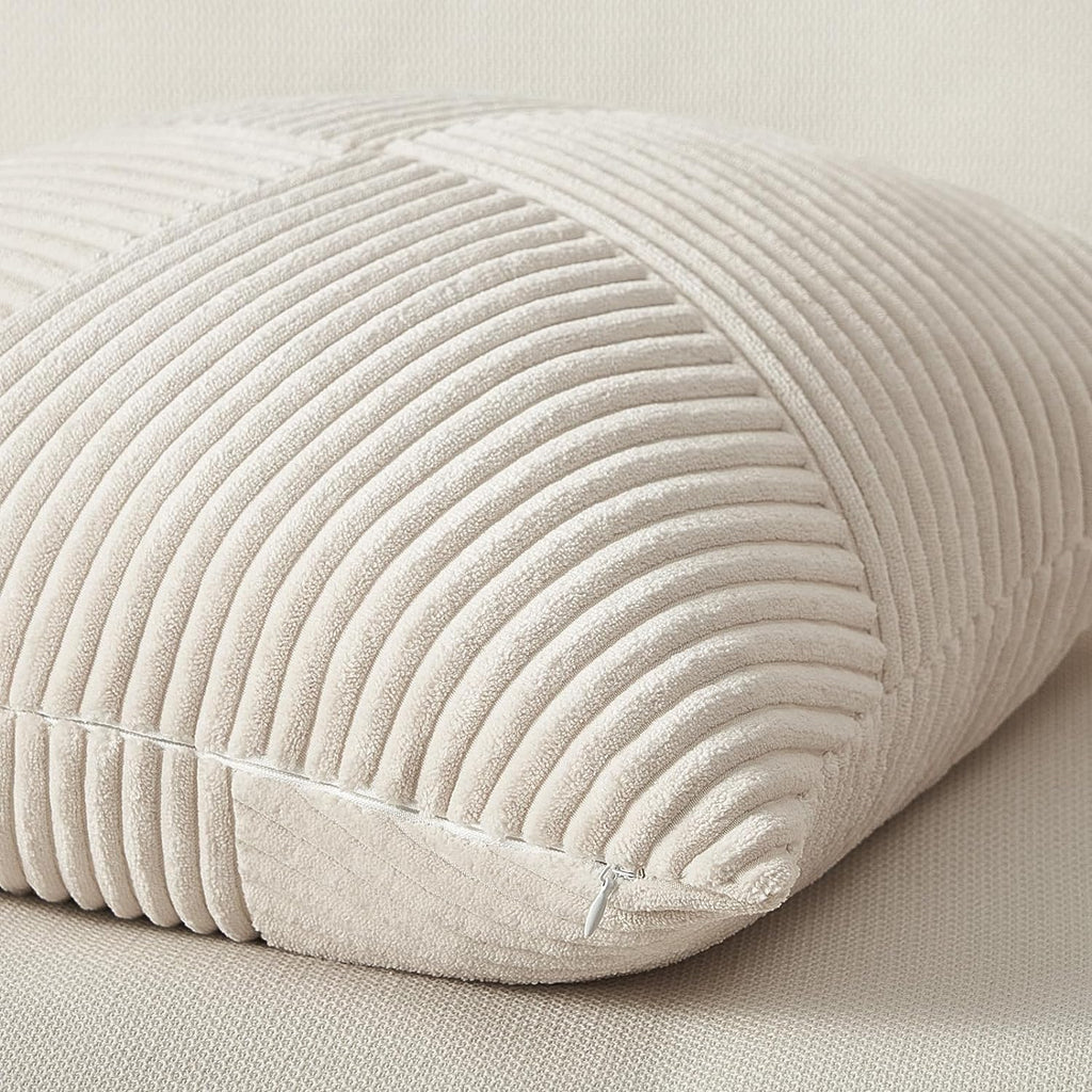 Cream White Decorative Neutral Throw Pillow Covers 18x18 Inch, Soft Corduroy Striped Patchwork Windmill Textured