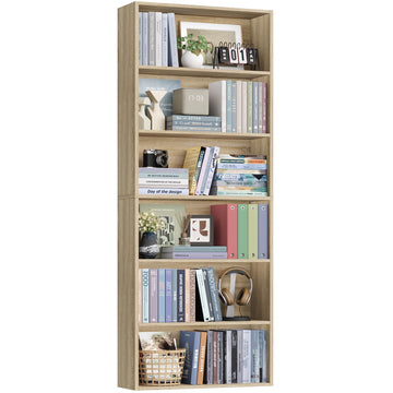 6 Tier Tall Bookshelf Bookcase with Open Display Shelves, Light Oak