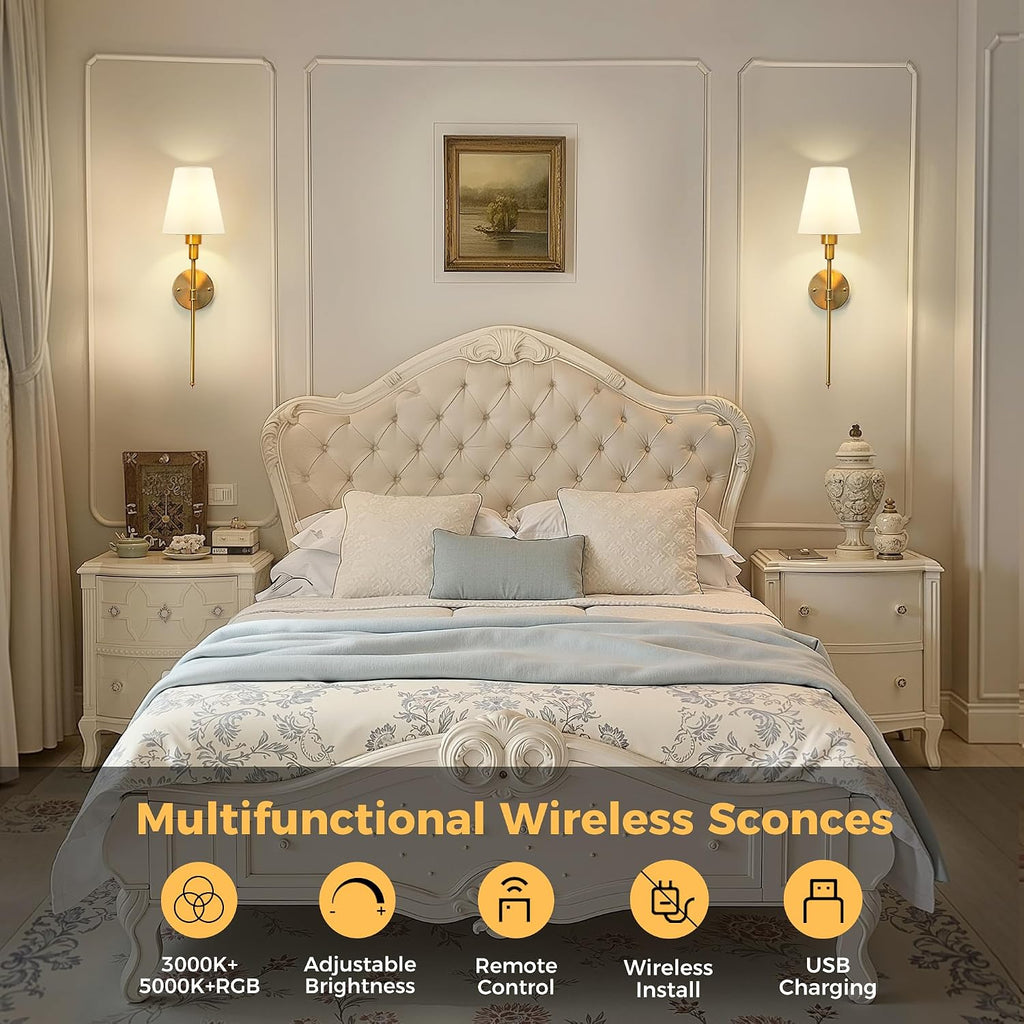 Battery Operated Wall Sconce: Set of 2 Wireless Wall Light 12000mAh, 15 Color Rechargeable Wall Sconces, Sconce Wall