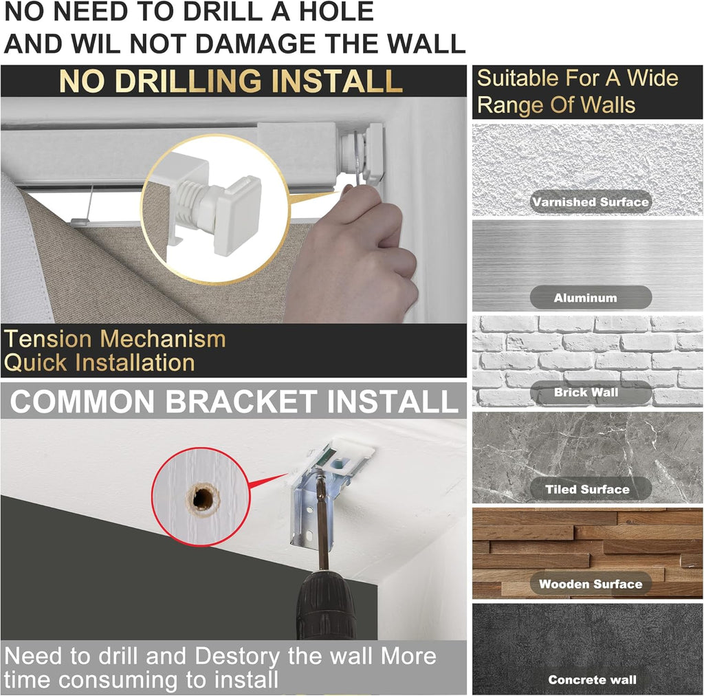 No Tool No Drill Blackout Roman Shades for Windows,Linen Roman Blinds,Room Darkening Shades, Pull Down Window Shades