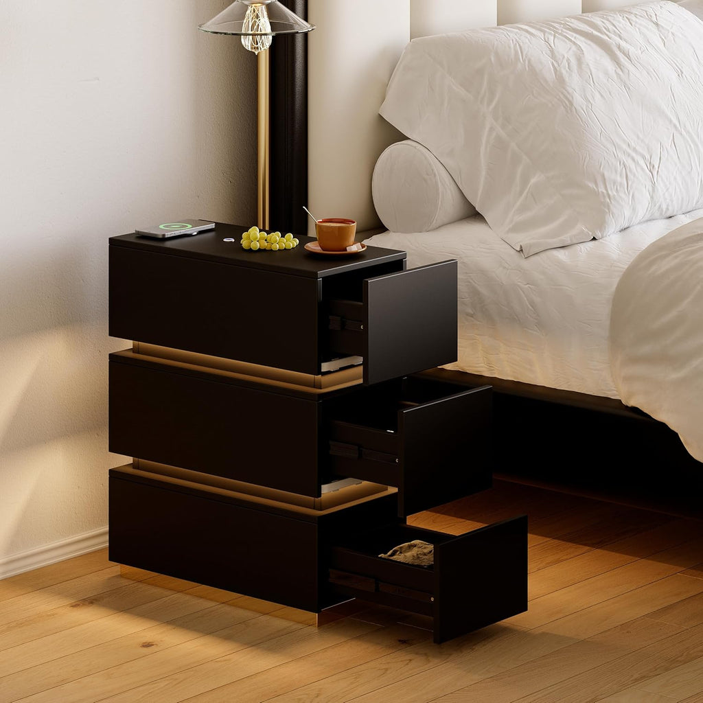 Narrow Smart Nightstand with Wireless Charging, USB & Type-C Ports, Modern LED Bedside Table with 3 Drawers, Black