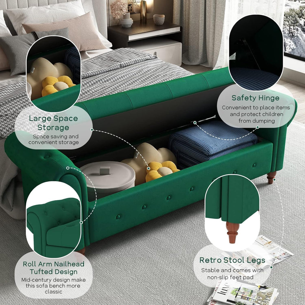 63'' Storage Ottoman Bench Tufted Entryway Bench Dark Green Velvet | Button Tufted End of Bed, Rolled Armed Ottoman