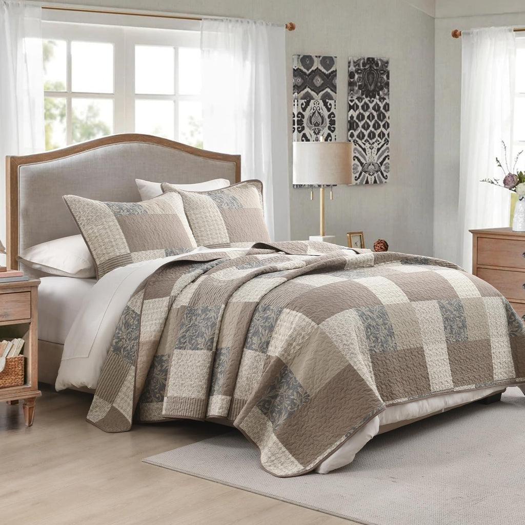 100% Cotton Quilt Set - Plaid Quilted Comforter, Patchwork Botanical Quilt Bedspread, Modern