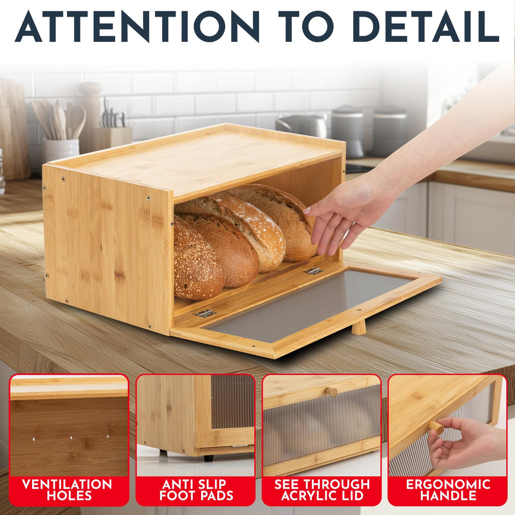 Bread Box - Large Bamboo Countertop Acrylic Window, Extra Storage