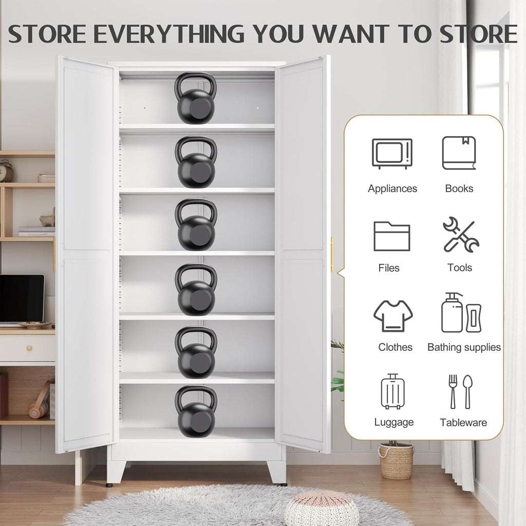 75.2" Tall Metal Kitchen Pantry Storage Cabinets with 2 Door and 5 Adjustable Shelves, Cupboard , White