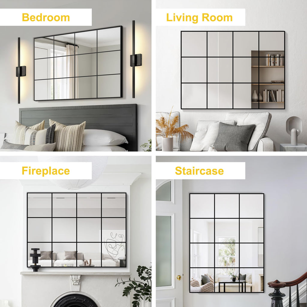 Window Pane Wall Mirror with Metal Frame 40"x30" Black