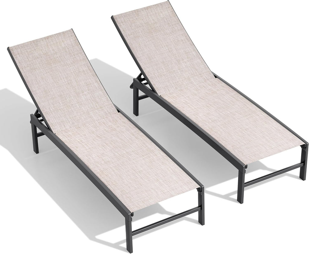 Chaise Lounge Outdoor, Pool Lounge Set of 2 Tanning Chiars(Beige) | 5-Position Adjustable Backrest, Sturdy Metal