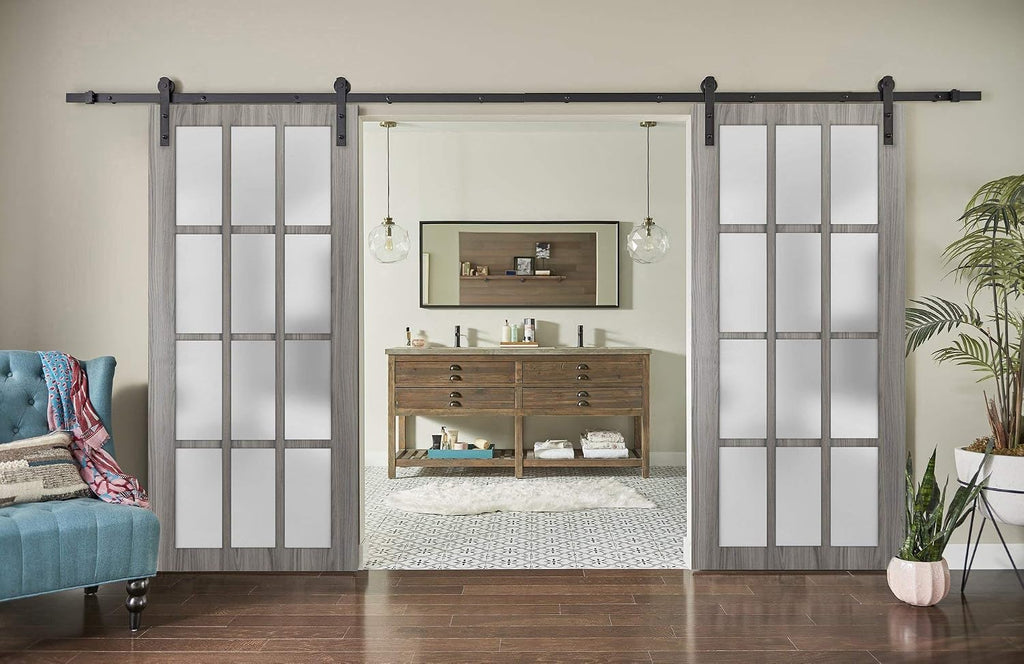 Slab Barn Door Panel Frosted Glass 12 Lites | Felicia 3312 Ginger Ash Grey | Sturdy Finished Doors | Pocket Closet