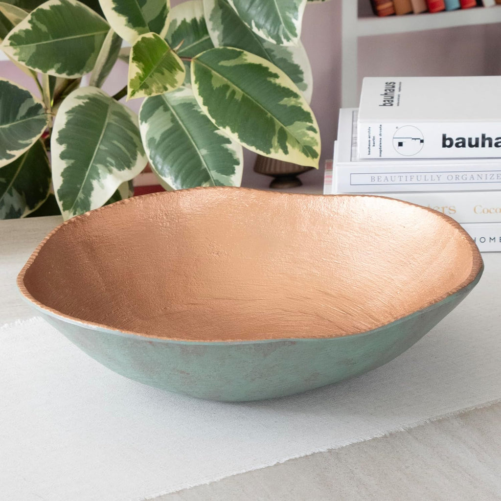 Cast Metal Extra Large Turquoise Copper Finish Round Decorative Bowl 14 inch