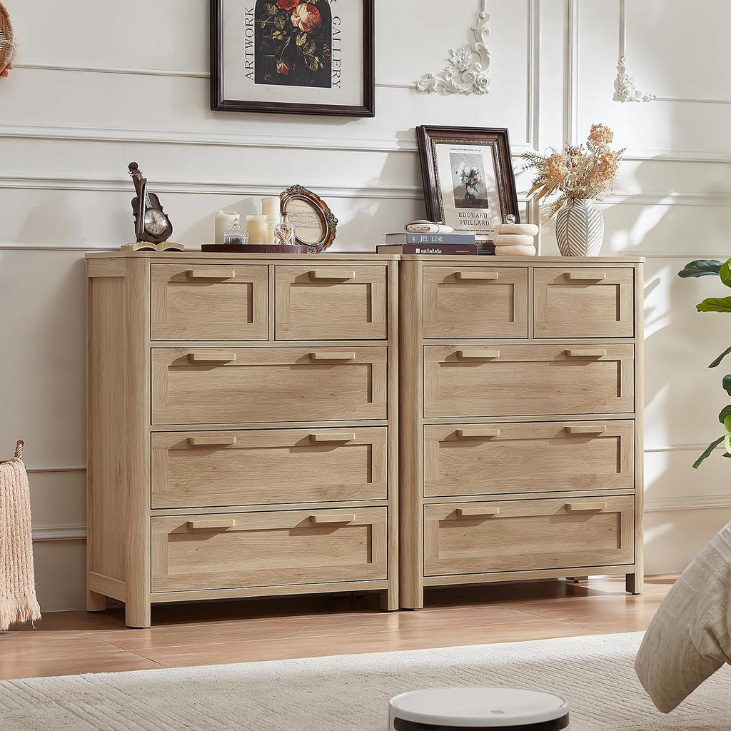 Farmhouse 5 Drawer Dresser , Vertical Dressers Chest of Drawers with 5 Deep Drawers & 4 Thickened Table Legs, Natural