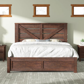 Queen Bed Frame with 49.2" Barn Door Headboard and Footboard, Rustic Farmhouse Platform Bed Frame with Wood Slats, No