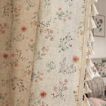 Boho Floral Spring Semi Sheer Curtains 2 Panels Set, Linen Texture Farmhouse Light Filtering Curtains