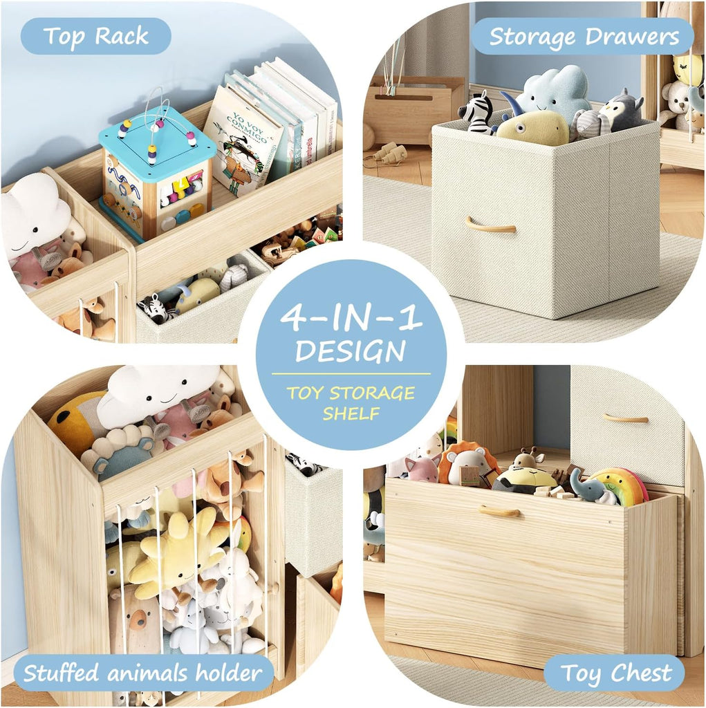 Toy Storage Organizer with Stuffed Animal Holder, Solid Wood Kids Toy Shelf with 2 Drawers, Rolling Toy Chest and Top