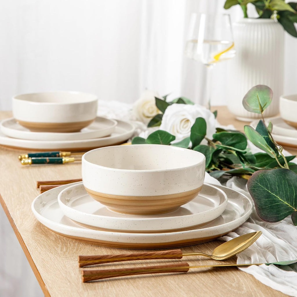 Ceramic Dinnerware Sets, Handpainted Plates and Bowls Set with Rustic Terracotta Underside