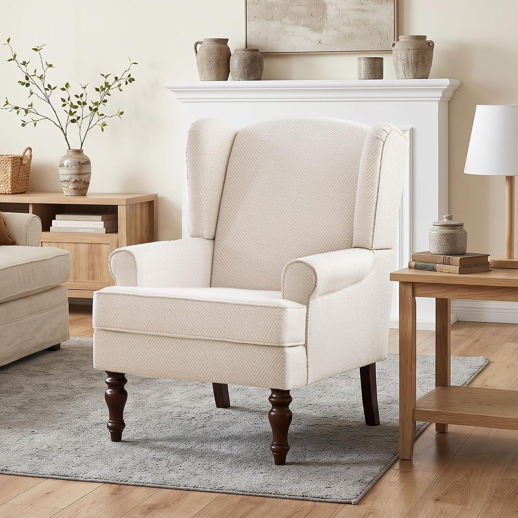 Printed Wingback Accent Chair, Linen Upholstered High Back Armchair, Comfy Reading Chair Bedroom Study, 300lbs Weight