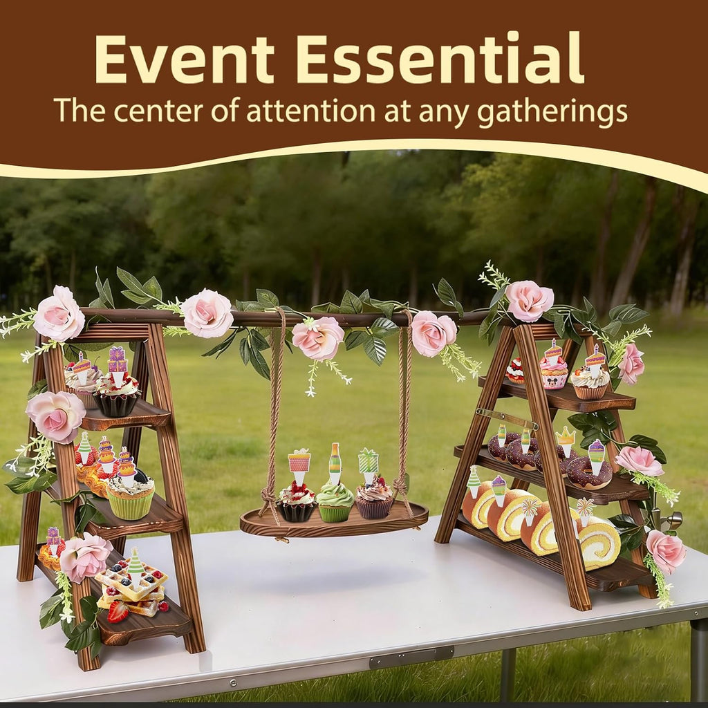 Wooden Cupcake Stand, 3 Tier Dessert Display Serving Tray with Swing and Flower Decoration, Foldable Tiered Ladders