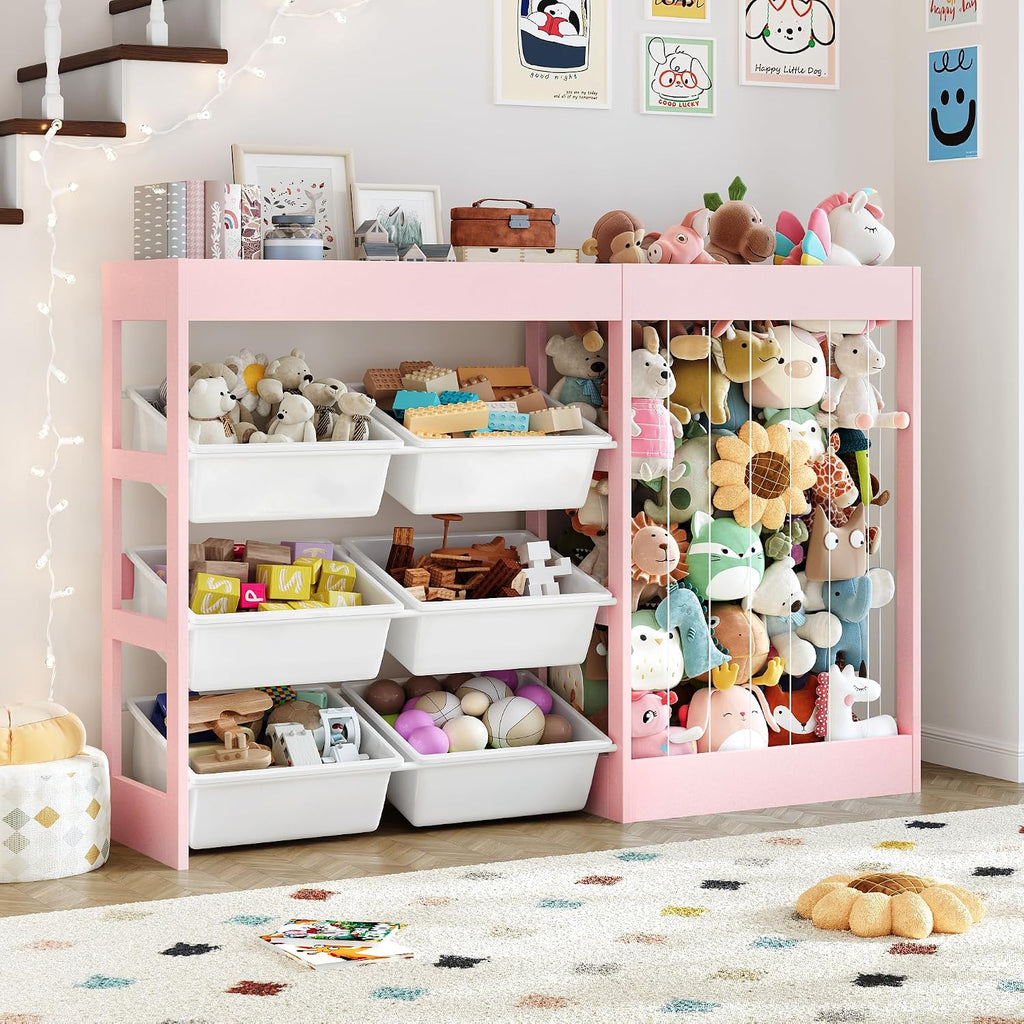 50.6"W x 39.4"H Kids Toy Organizer with Stuffed Animal Storage, Wooden | Kids Storage with 153L Stuffed Animal Zoo, 6