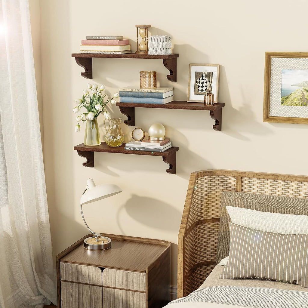 17-Inch Wood Floating Shelves for Wall 3-Pack, Light Walnut | Built-in hook brackets, pre-drilled easy assembly, 54