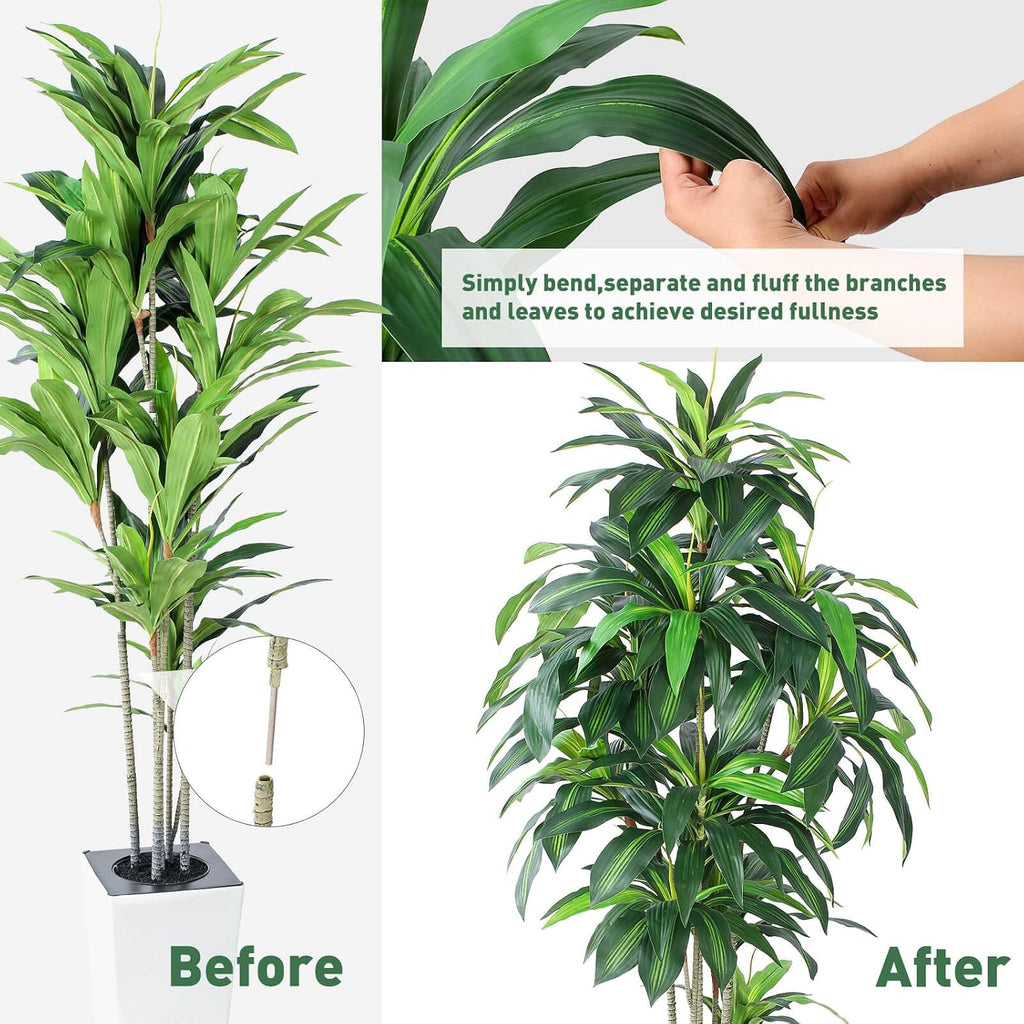 Dracaena Tree with White Tall Planter, 7ft Tall Potted Artificial Dracaena Silk Plant, Fake Yucca Tree Plant, Home