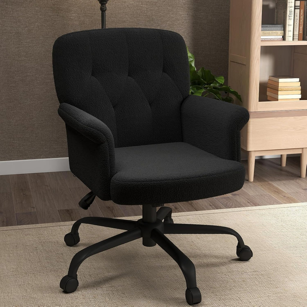 Comfy Home Office Desk Chair, Upholstered Fuzzy Vanity Chair with Wheels and Arms, Modern Adjustable Swivel Computer