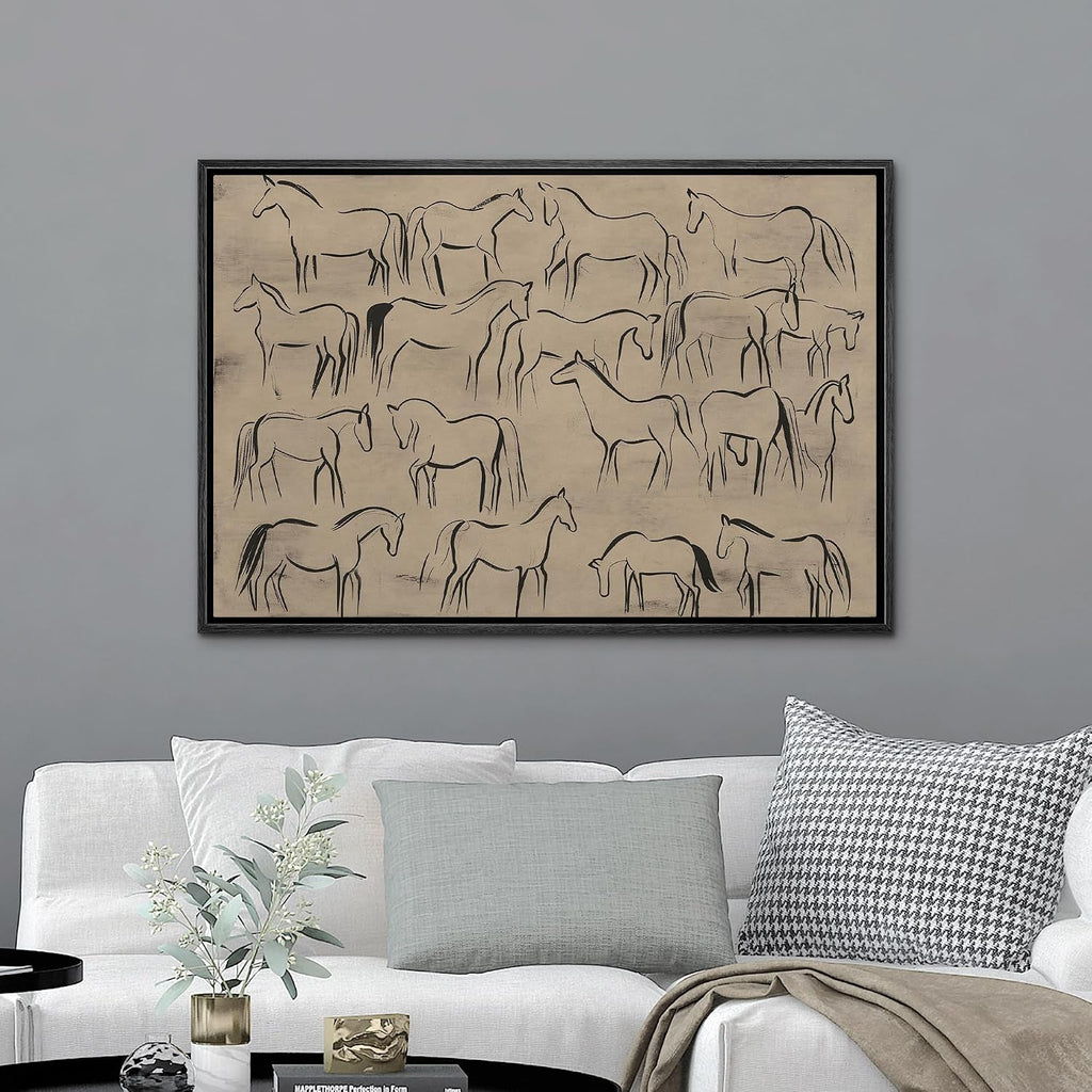 Framed Canvas Print Wall Art Abstract Horse Sketch Collection on Beige Minimalist Illustrations Digital Art