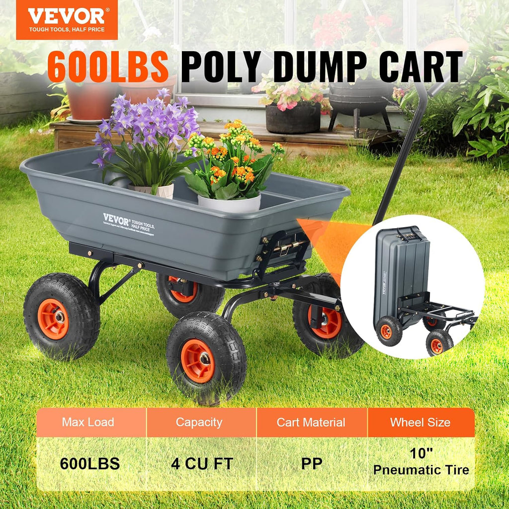 Poly Garden Dump Cart 4 Cu.Ft. 600 lbs 4 Wheel Wheelbarrow Dump Wagon | For Orchard Farm, Adjustable Handle, Heavy