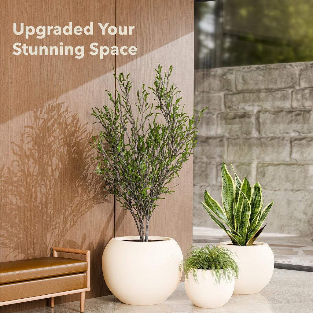 12.8" H x 16" D Premium Globo Fiberstone Planter - Kilim Beige | 10.7" Pot Opening, Included 2 Extra Coco Mats
