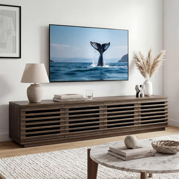 70" Modern TV Stands with LED Light for TVs Up to 75 inches, Low Profile Entertainment Center with 4 Flip-Down Door & Fluted Details, TV Media Console for Living Room, Walnut