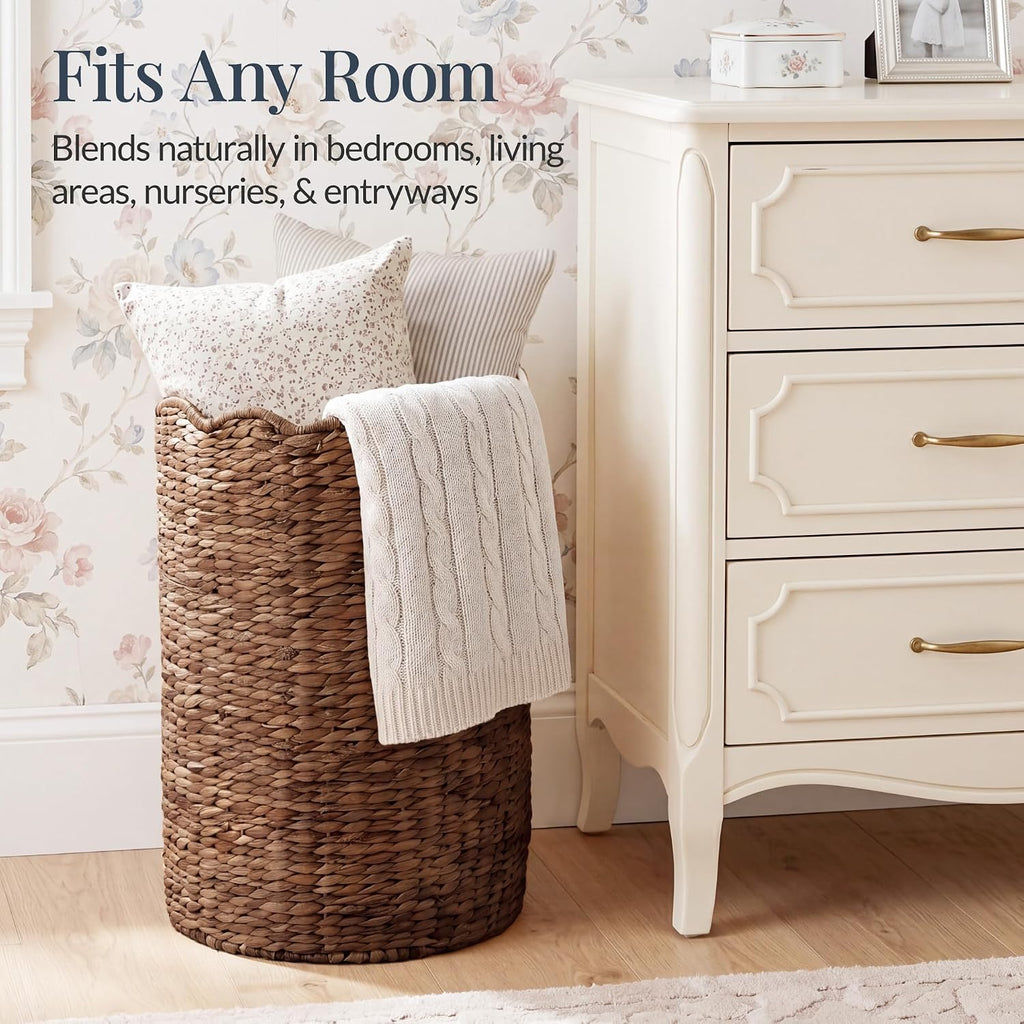 Scalloped Laundry Large Round Hamper, Handwoven Laundry Basket for Clothes, Towels, Blankets, Multipurpose Storage
