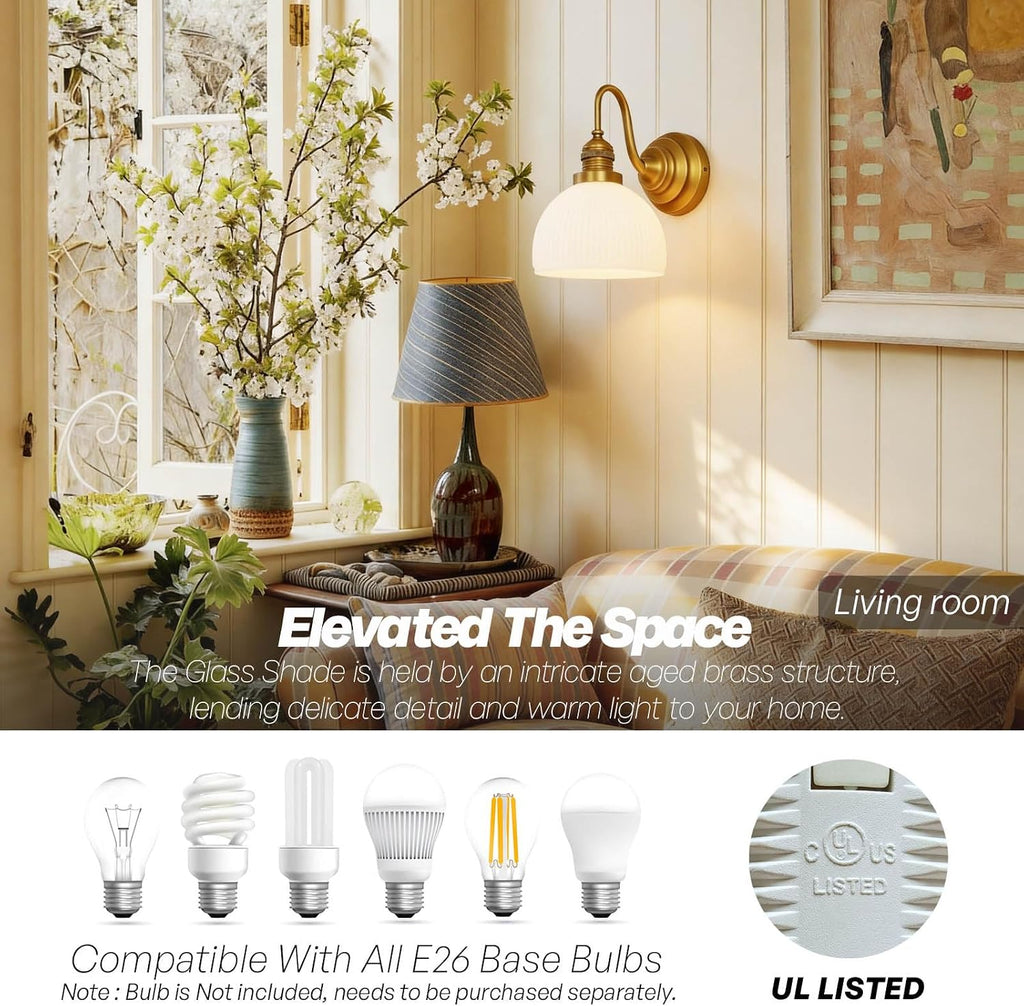 Brass Gold Wall Sconce Vintage Milk Glass Bathroom Vanity Light | Bathroom Wall Sconces,Antique Brass,Thick