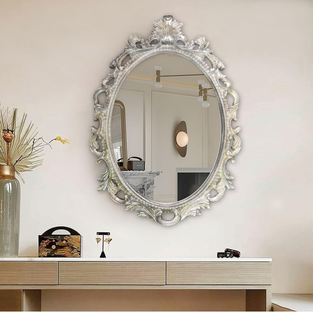 Antique Silver Oval Wall Mirror, Gothic Scroll, 18 × 24 in