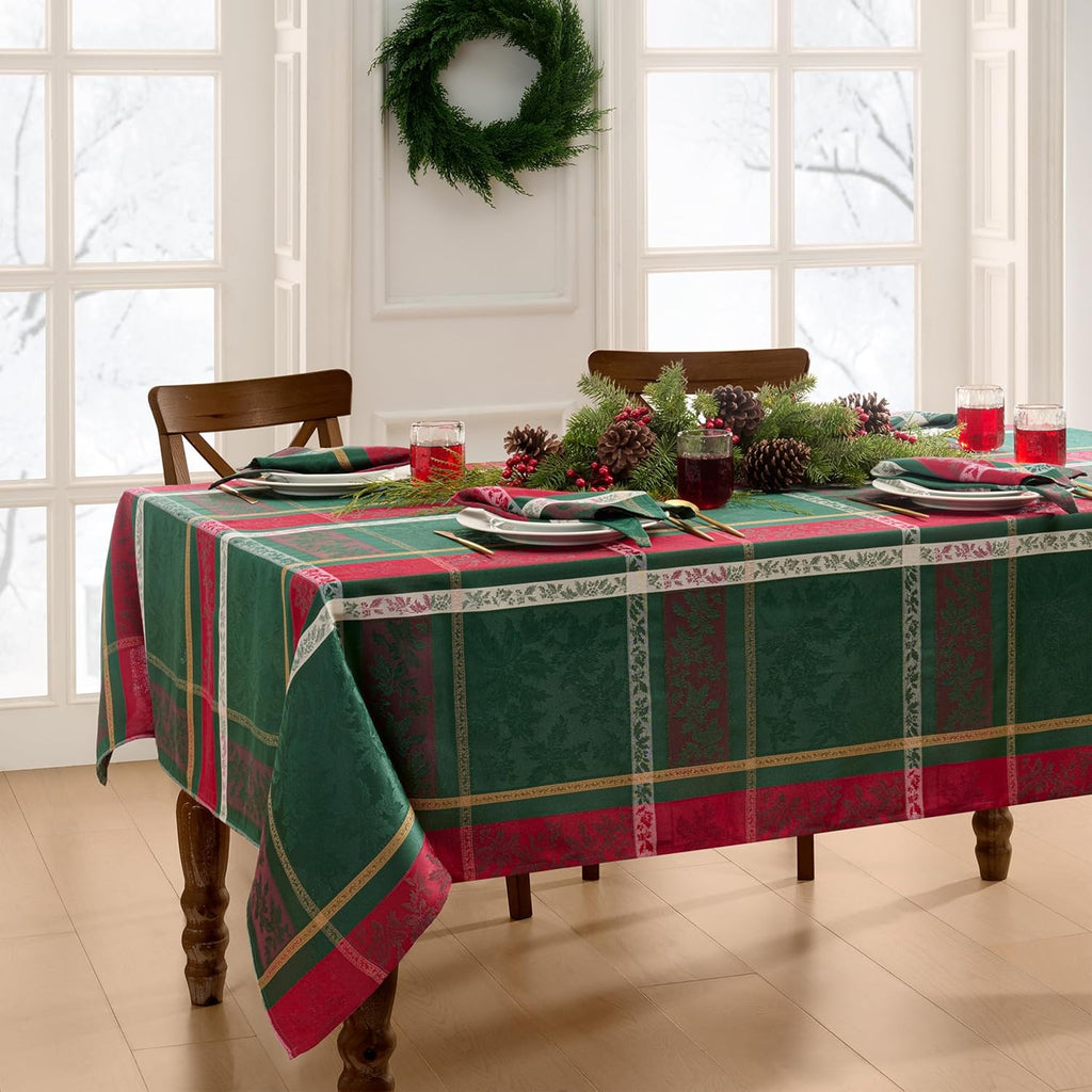 Home Fashions Merry & Festive Woven Jacquard Christmas Plaid Cotton Blend Holiday Tablecloth, 60"x10