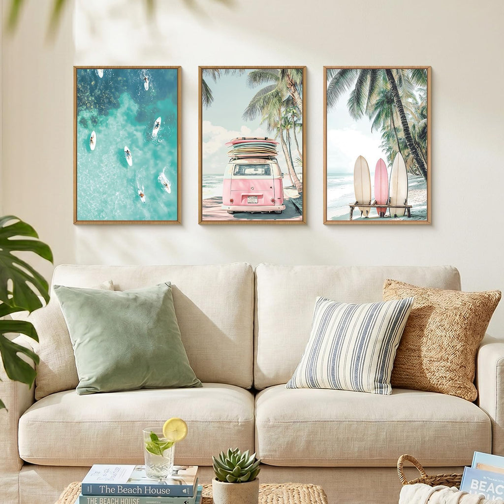 Summer Surfboard Beach Framed Canvas Wall Art Set,Modern Ocean Surfing Seascape Wall Decor,Coastal Bus Coconut Tree