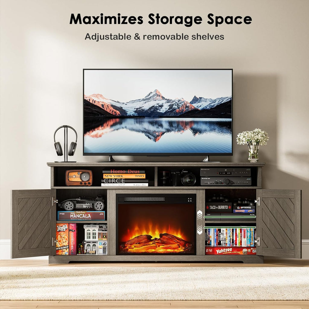 Fireplace TV Stand for 70 inch TV, Farmhouse Entertainment Center with Storage, Wood TV Console with Fireplace, TV