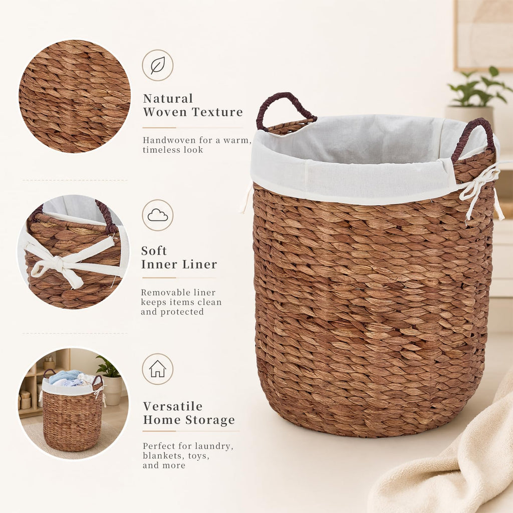 Round Woven Laundry Basket with Removable Liner, Handwoven Water Hyacinth Clothes Hamper Basket with Handles
