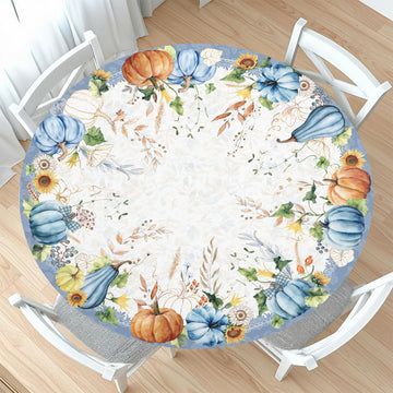 Fall Pumpkin Round Fitted Tablecloth with Elastic Blue Thanksgiving Harvest Circle Table Cloth for 56-60" Tables