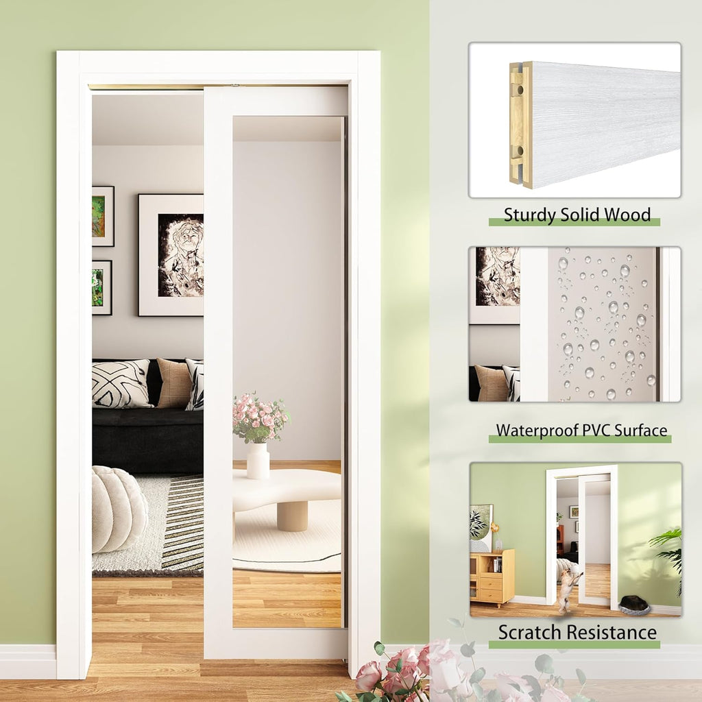 Pocket Door 30"x80", 1-Panel Mirrored Sliding Pocket Door with Soft Close Hardware Kit, Sturdy Solid