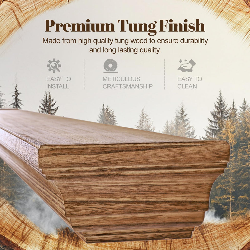 Rustic Fireplace Mantel 84", Solid Wood Floating Shelf, Oak Color