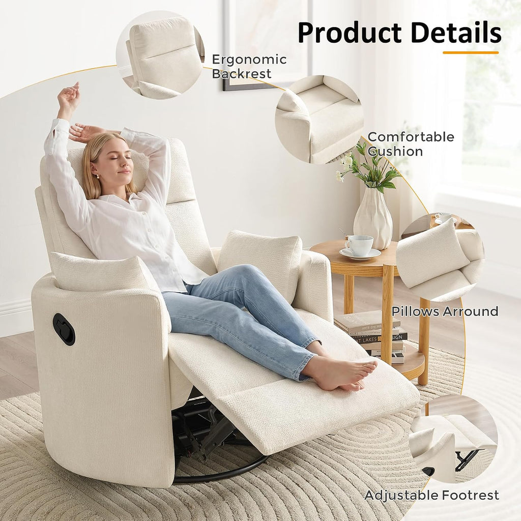 Oversized Nursery Rocking Chair, 360° Swivel Glider Recliner Chair, Chenille Silent Nursery Chair with 2 Pillows and